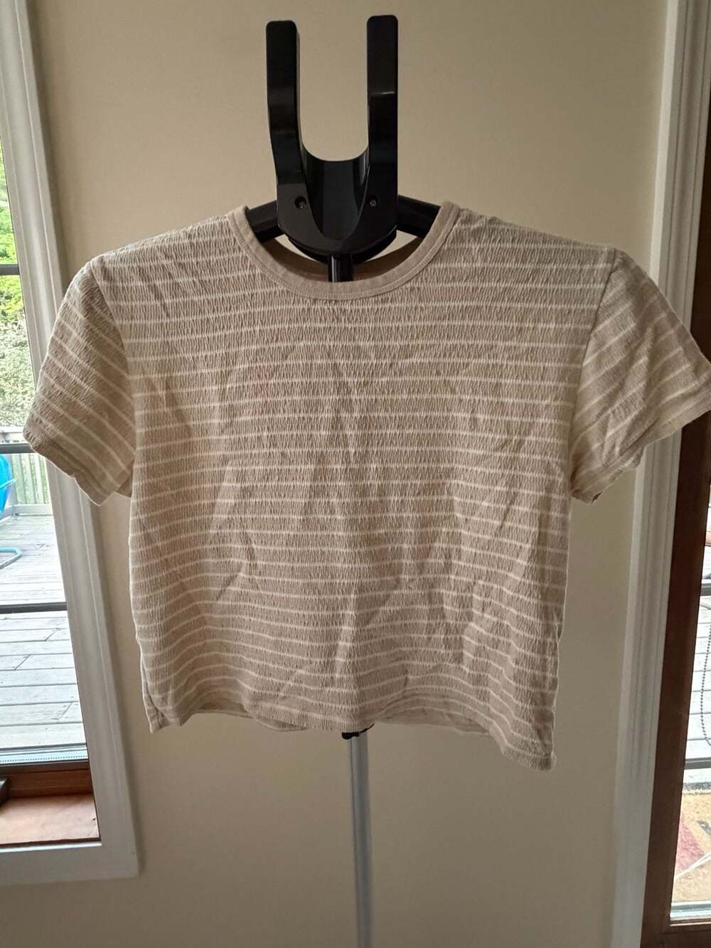 American Eagle Striped Smocked Crew Neck T-Shirt Size S